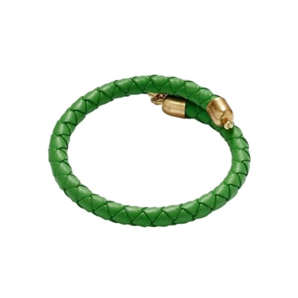 Alex & Ani Women’s Green Leather Braided Wrap Gold Tone Bracelet With Dust Bag
